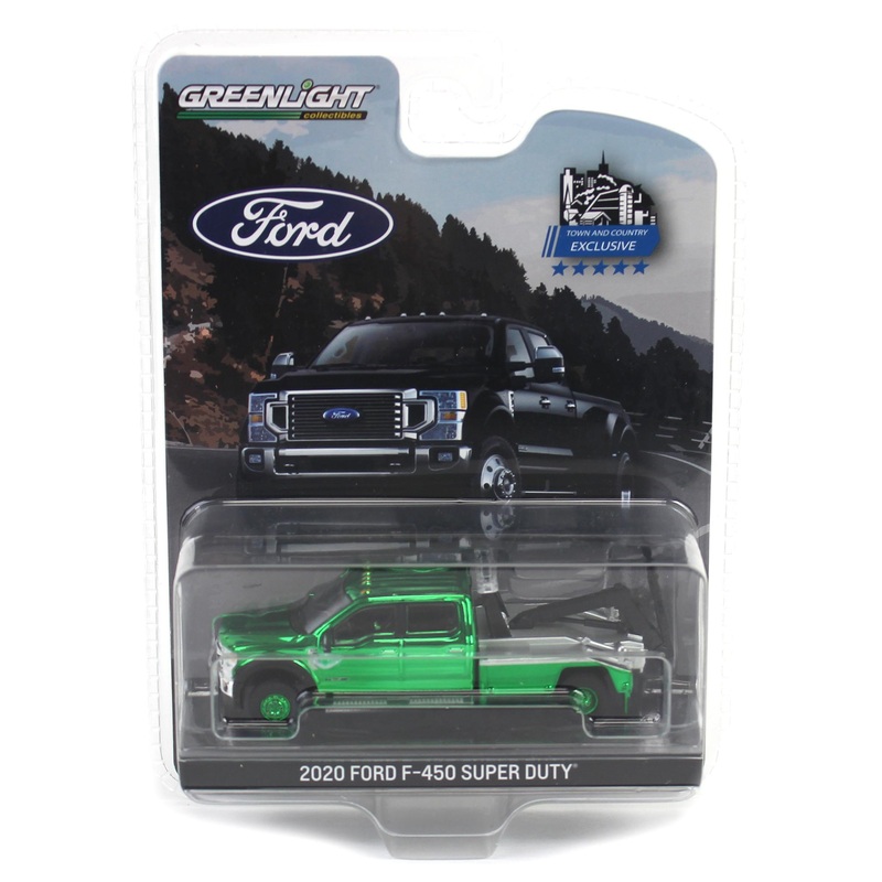 (B&D) - Green Chrome Chase Unit ~ 1/64 2020 Ford F-450 Super Duty Dually with Service Bed & Crane, Agate Black, Town & Country Exclusive - Damaged Item