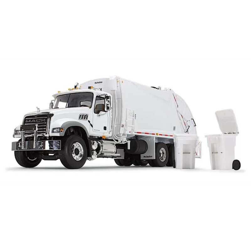 (B&D) 1/34 White Mack Granite MP w/ McNeilus Rear Load Refuse Truck & Trash Cans - Damaged Box