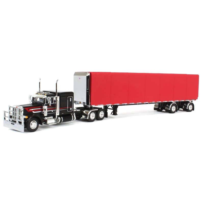 (B&D) - 1/64 Black & Red Peterbilt 379 63in Flattop Sleeper with 53ft Utility Roll Tarp Trailer, DCP by First Gear - Damaged Box
