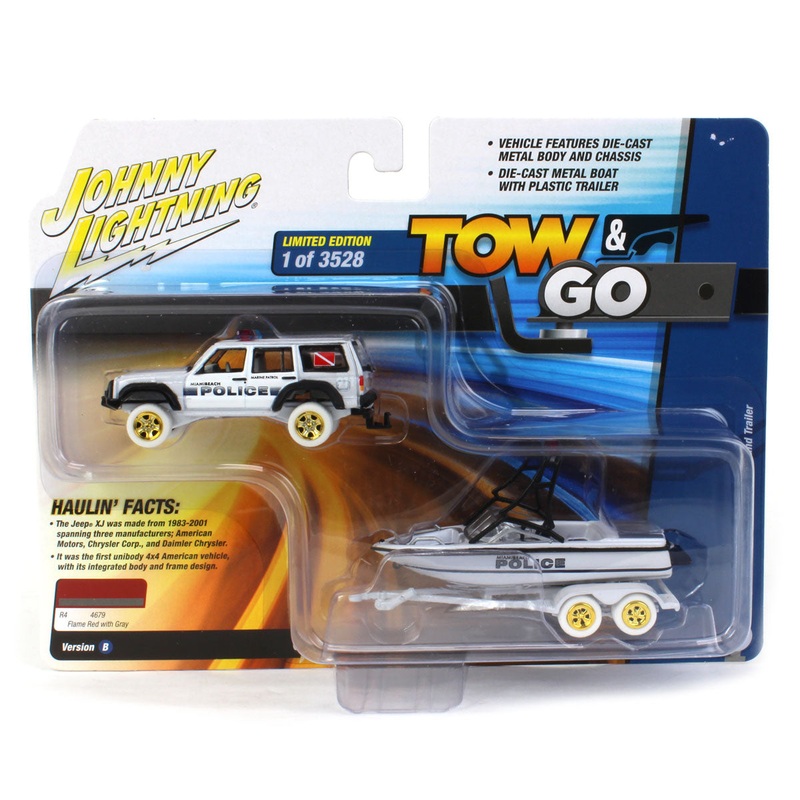 White Lightning ~ 1/64 Johnny Lightning 1988 Jeep Cherokee with Mastercraft Boat & Light Bar