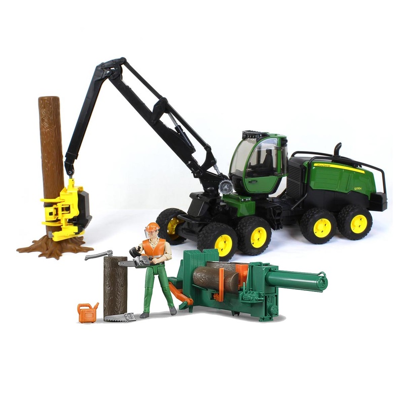 1/16 Bruder John Deere Tree Harvester with Forestry Worker and Log Splitter