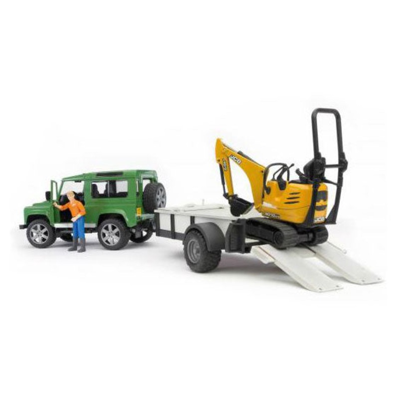 (B&D) 1/16 Land Rover Defender w/ Trailer, Mini Excavator & Worker - Damaged Item