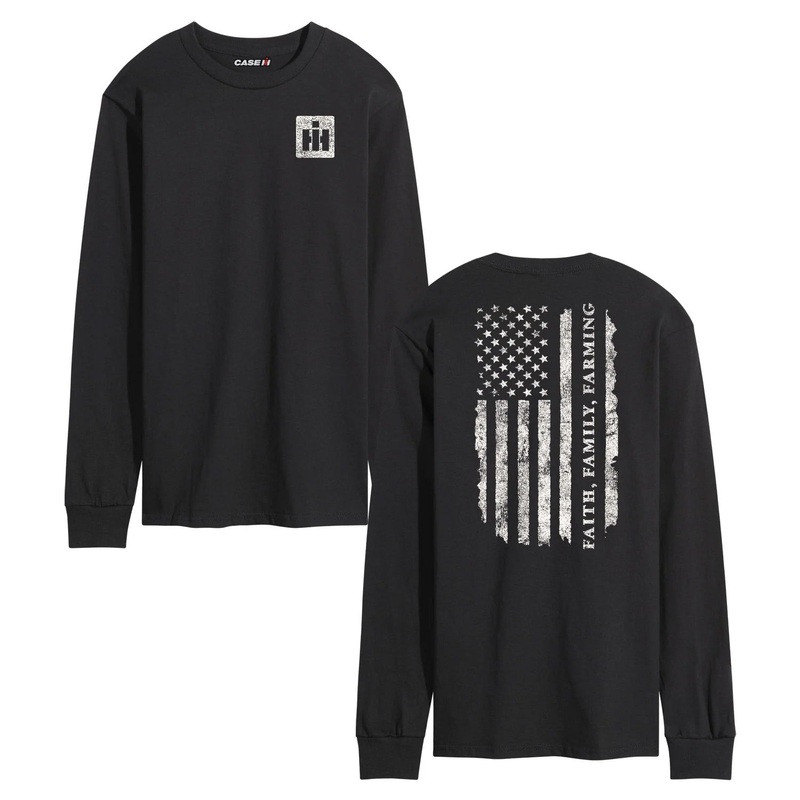 (B&D) Adult IH Faith Family Farming Flag Black Long Sleeve Shirt - Damaged Item