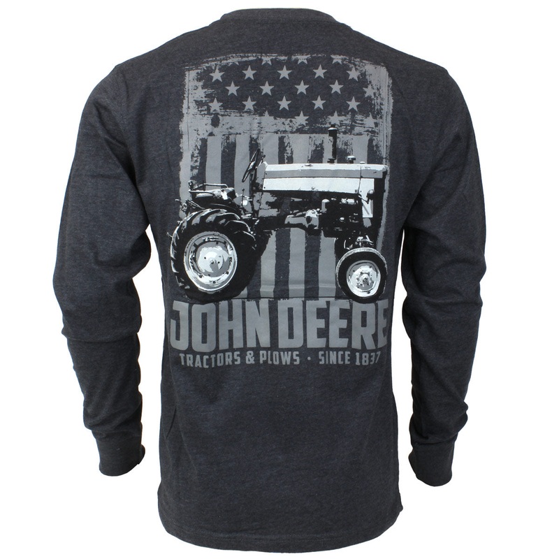 (B&D) John Deere American Flag Charcoal Gray Longsleeve T-Shirt - Damaged Item