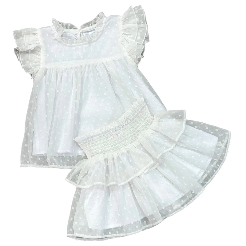 Lulu Bebe White Minki Dot Tiered 2Pc Skirt Set