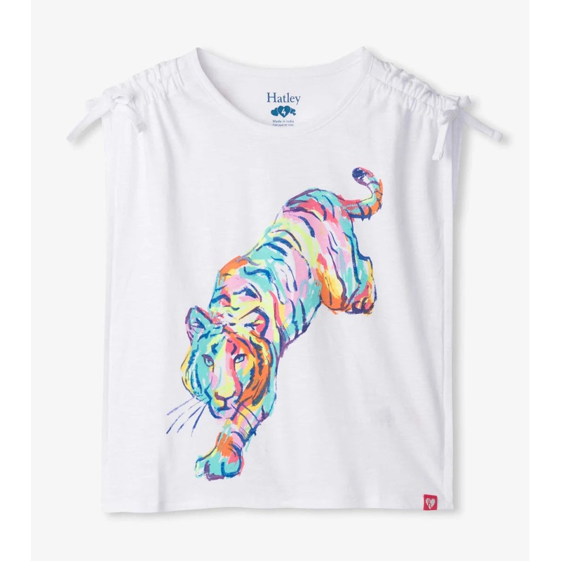 White Cinched Shoulder Tiger Top