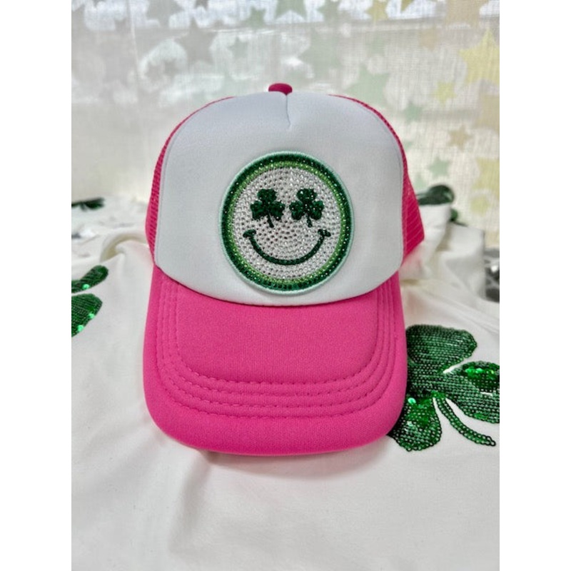 Azarhia Hot Pink Smiley Clover Rhinestone Trucker Hat
