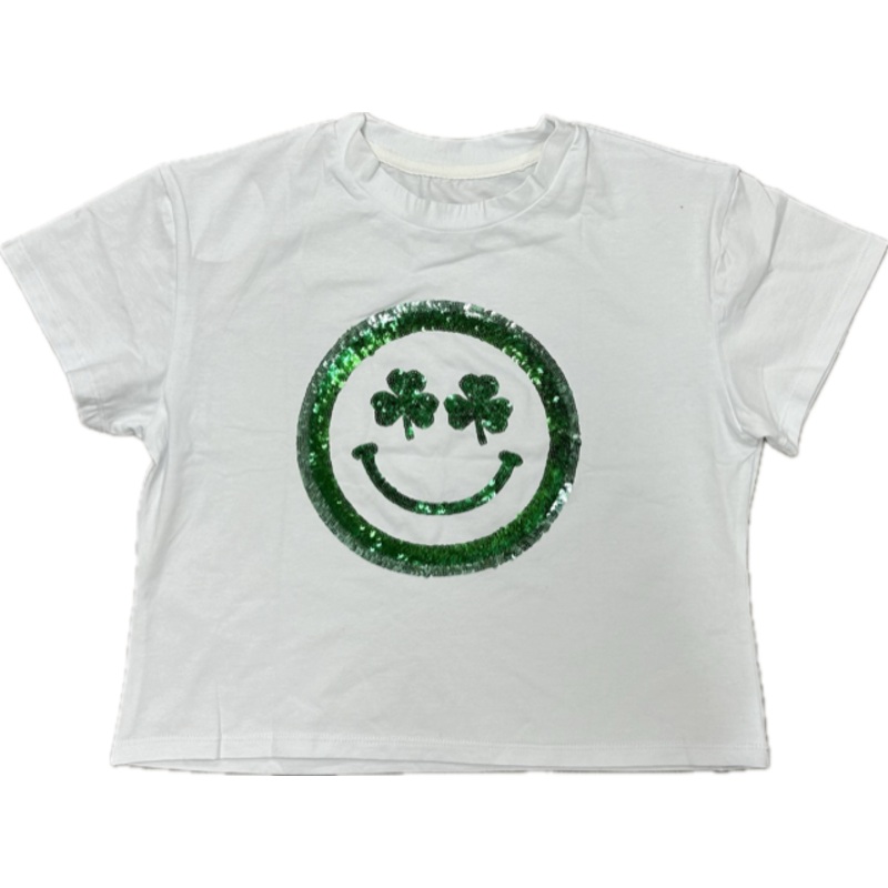 Azarhia White Sequin Smiley Clover Boxy Tee