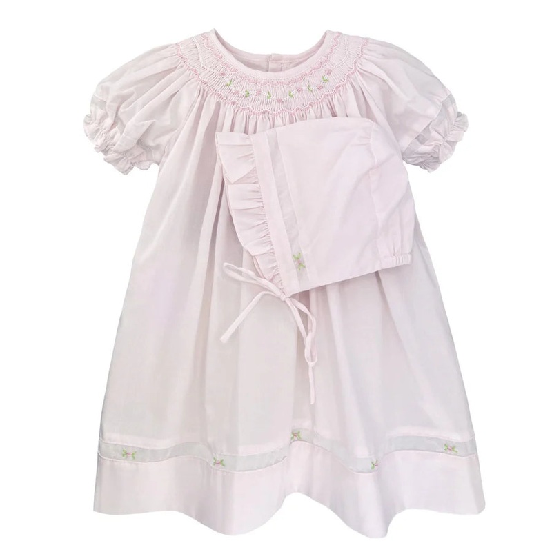 Petit Ami Pink Smocked Bishop Dress with Puff Sleeve and Voile Insert