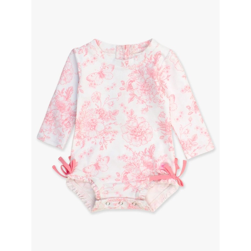 Rufflebutts 1Pc Bubblegum Pink Butterfly Garden Toile L/S Swimsuit