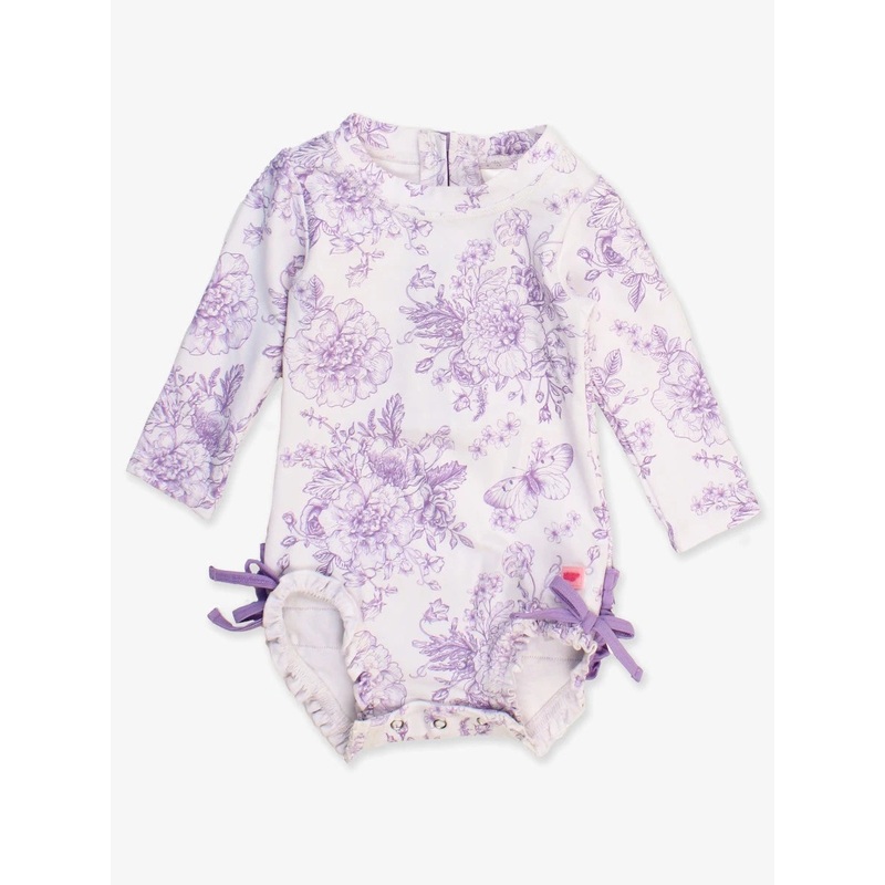 Rufflebutts 1Pc Wisteria Purple Butterfly Garden Toile L/S Swimsuit
