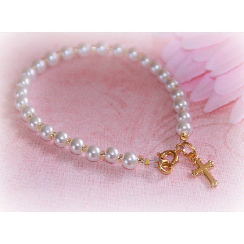 Child Bracelet Glass Pearls 6" Gold finish with Cross Charm