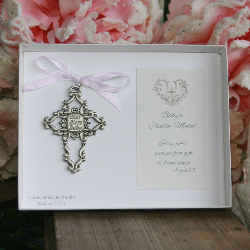 God Bless Baby Cradle Medal w Pink Ribbon