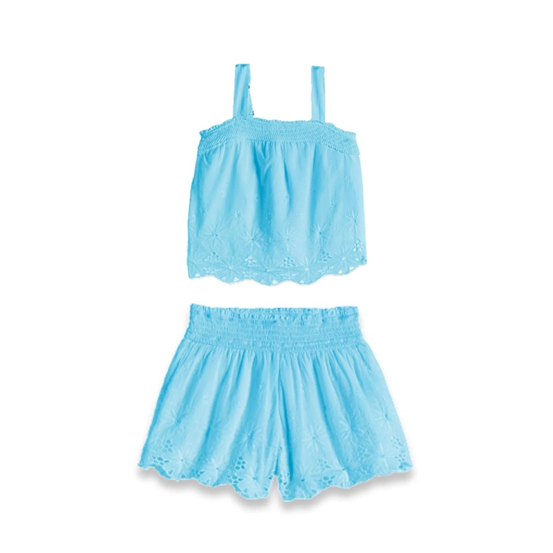 Tractr Light Blue Smocking Shorts Set w Floral Eyelets