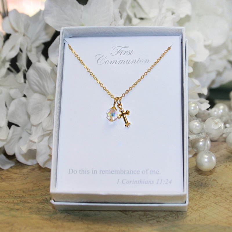 First Communion Gold Cross Crystal AB Necklace