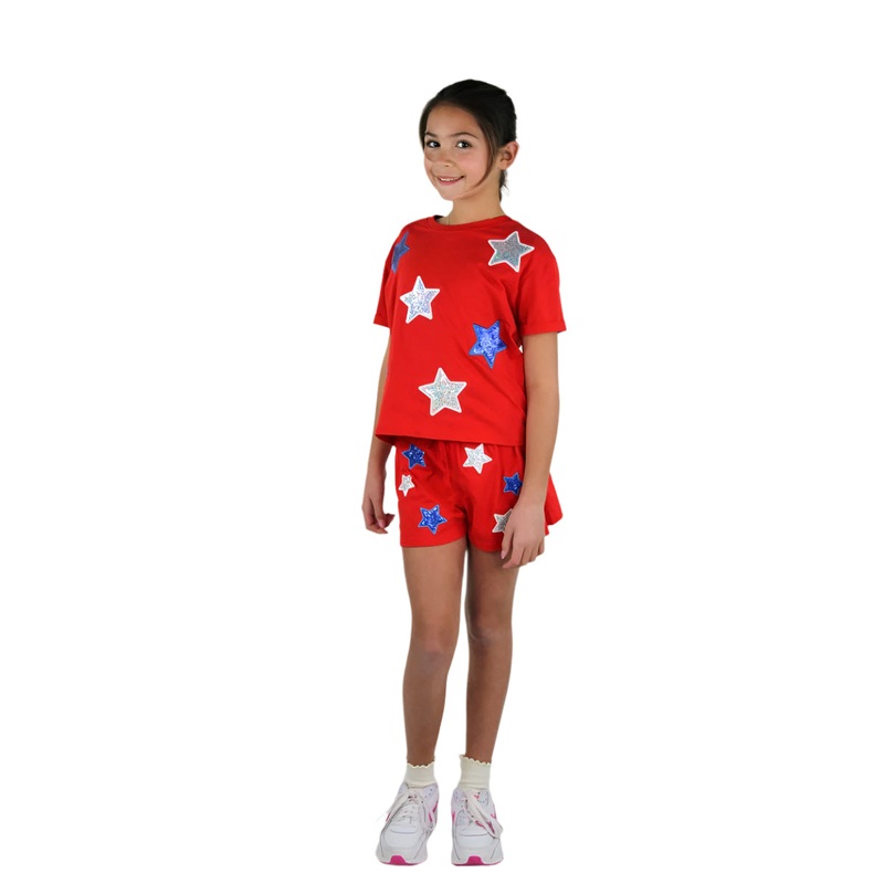 Red White & Blue Sequin Stars Tee & Shorts Set