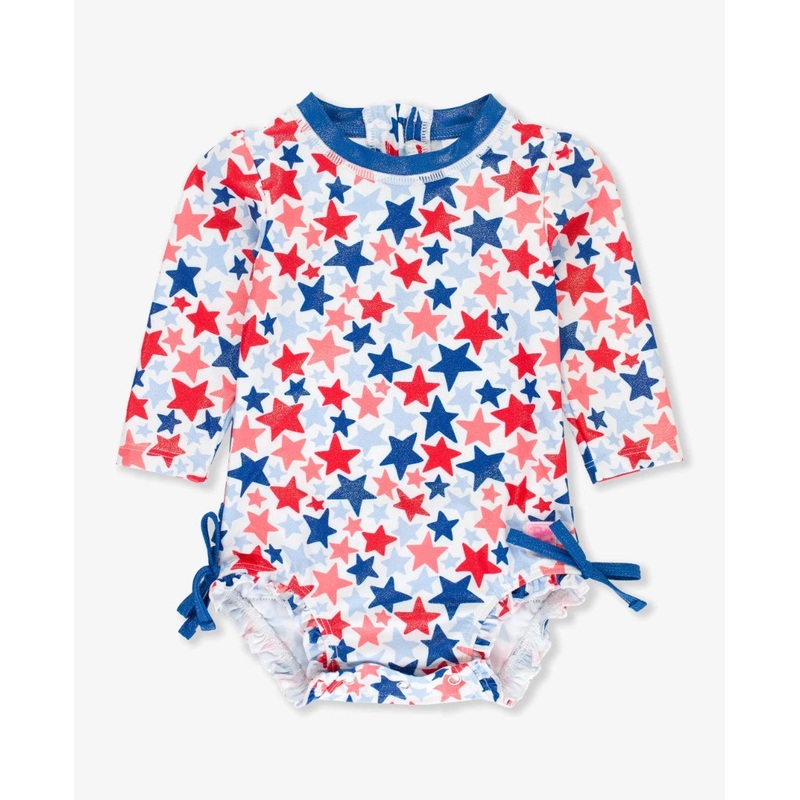 Rufflebutts Shimmer Star Spangled L/S Rashguard 1Pc Swimsuit