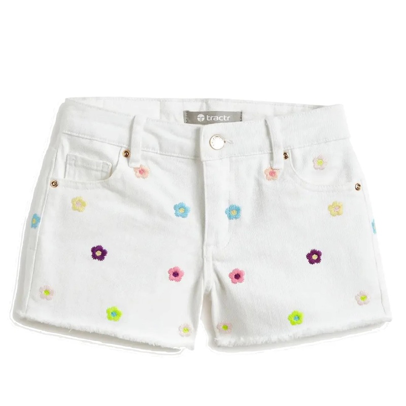 Tractr White Denim Shorts with Embroidered Flowers