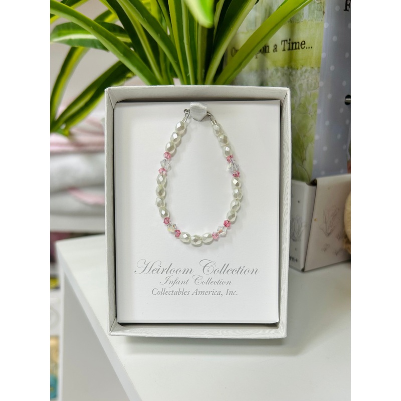 White Glass Pearls & Pink Crystal Bracelet 5