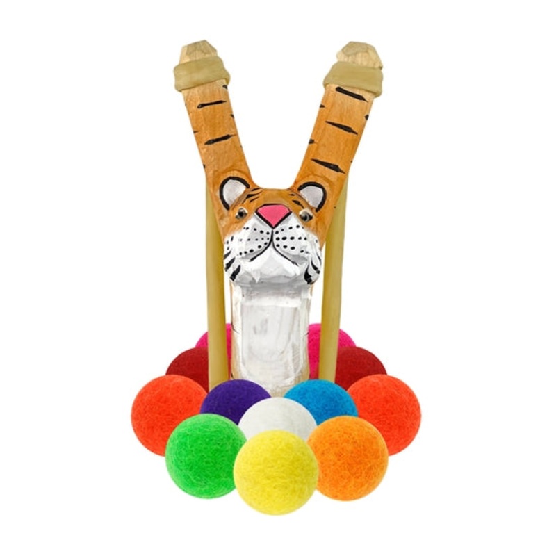 Wooden Tiger Slingshot + Felt Ammo