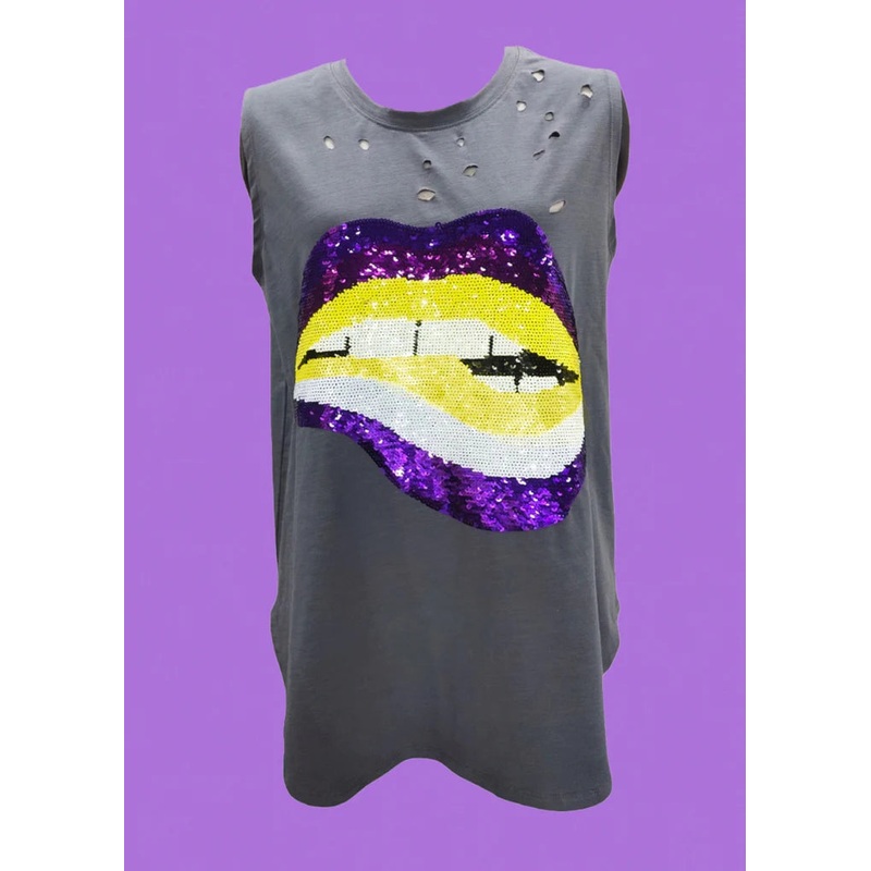 Adult Distressed Purple/Gold Lips Sequin Tank