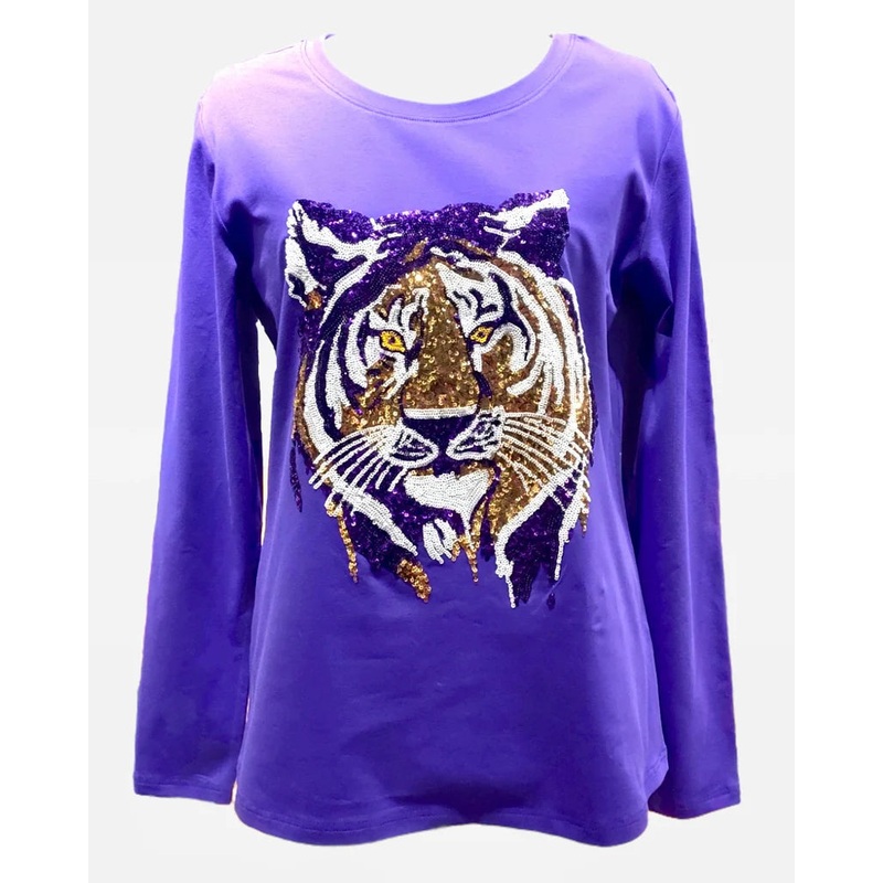 Adult Sequin Tiger Face L/S Gameday Tee