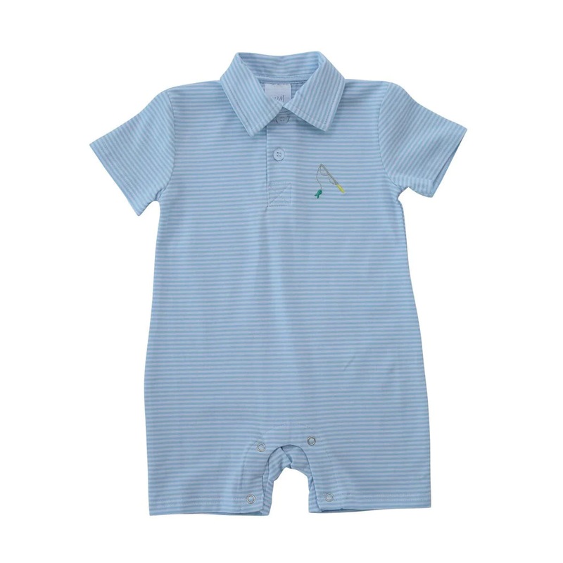 Itsy Bitsy Blue Striped Knit Romper - Fishing Pole