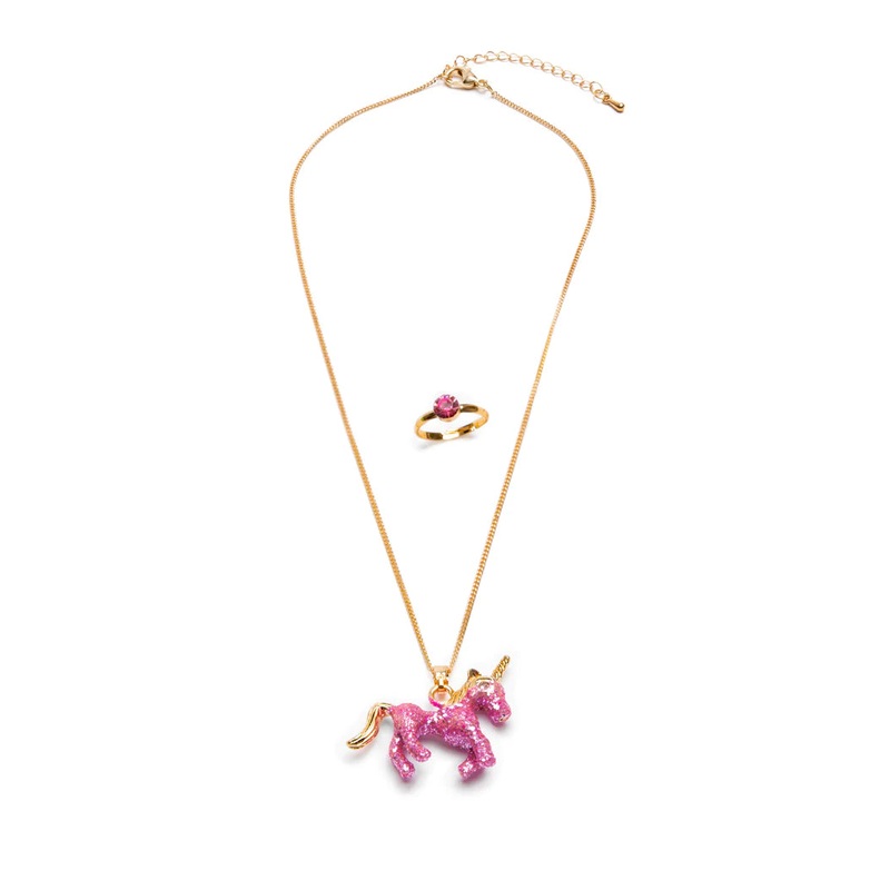 Pink Glitter Unicorn Necklace with Ring