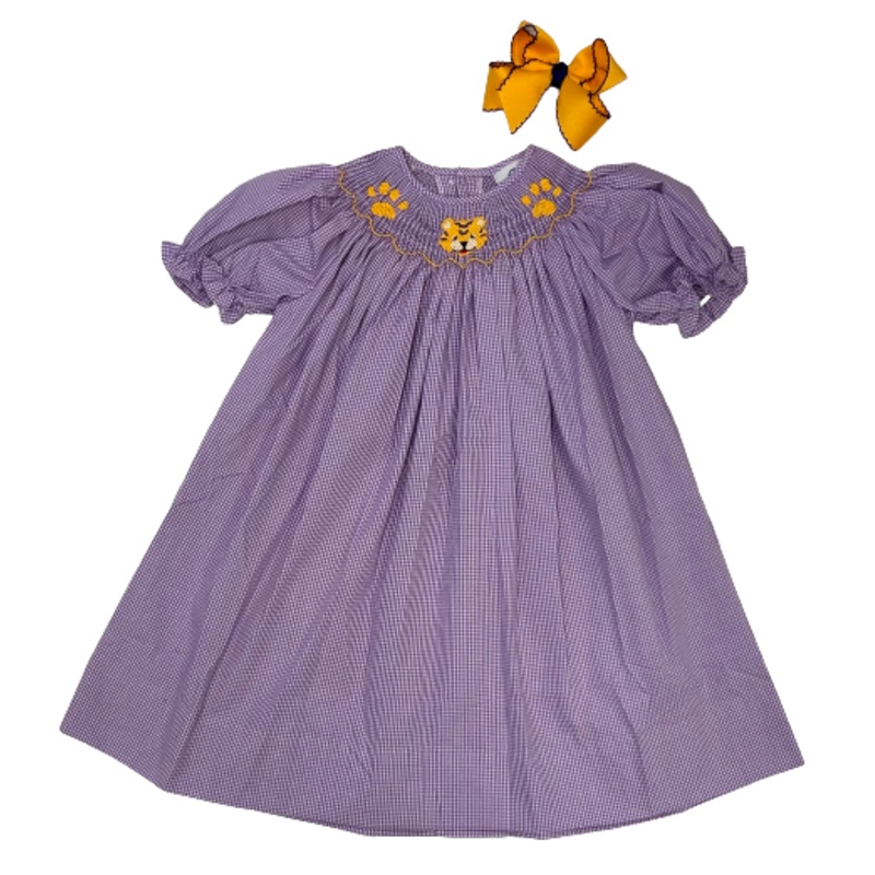 Remember Nguyen Smocked Gingham Tigers Bishop Dress