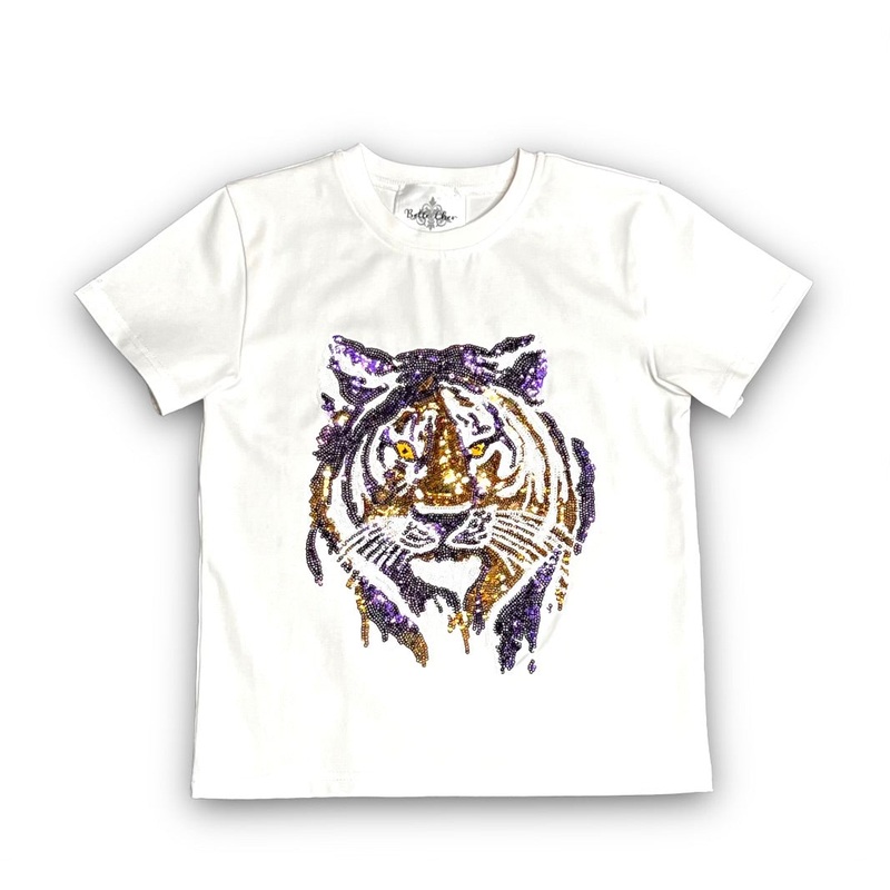 Child Sequin Tiger Face S/S Gameday Tee - White