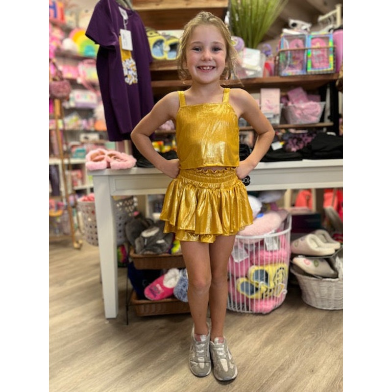 Gold Plisse Tank Top and Tiered Skirt Set