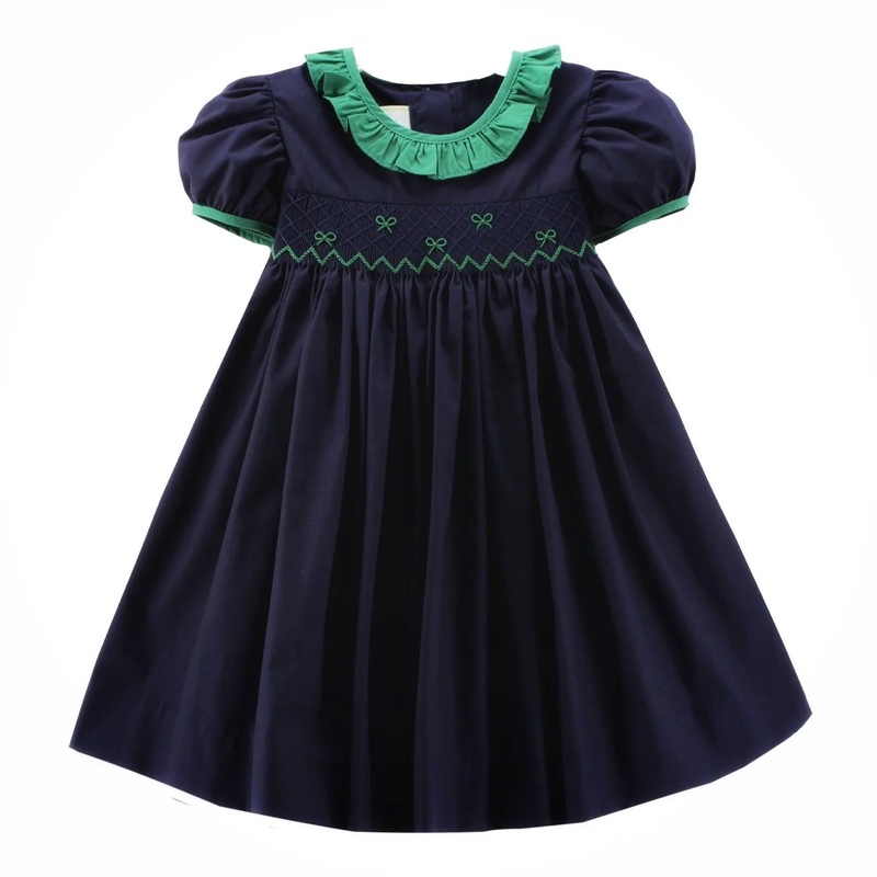 Zuccini Navy Broadcloth Green Bowed Marion Dress