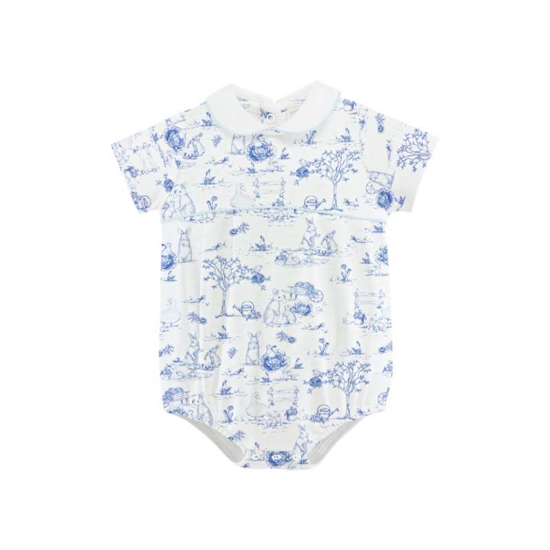 Blue Toile Bunnies Bubble W/ Round collar