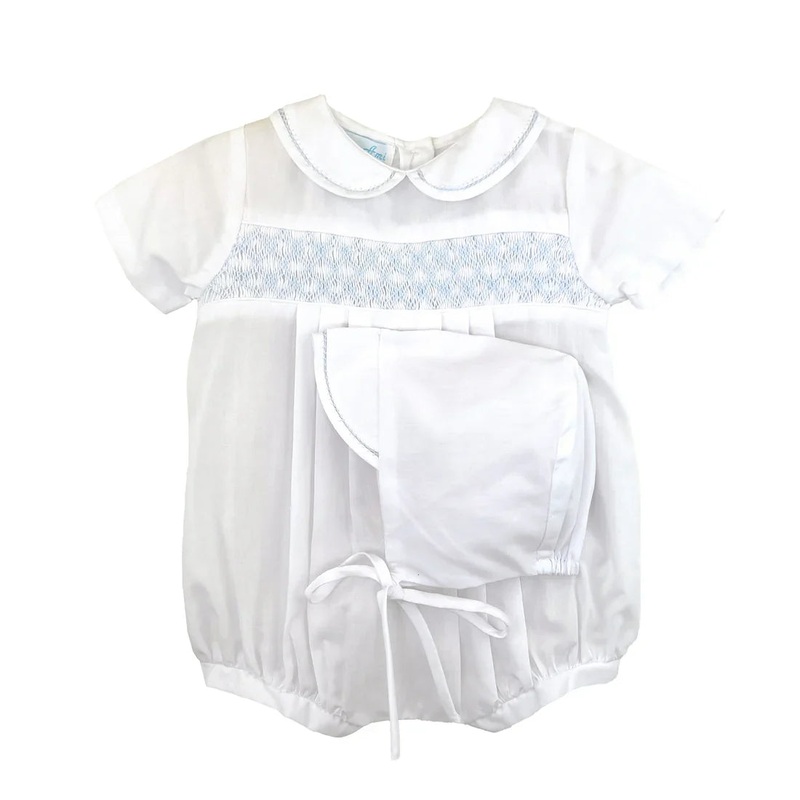 Petit Ami White and Blue Smocked Bubble w Bonnet