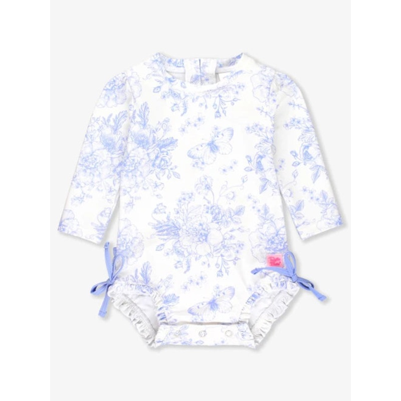 Rufflebutts Butterfly Garden Toile L/S Rashguard One Piece Swimsuit