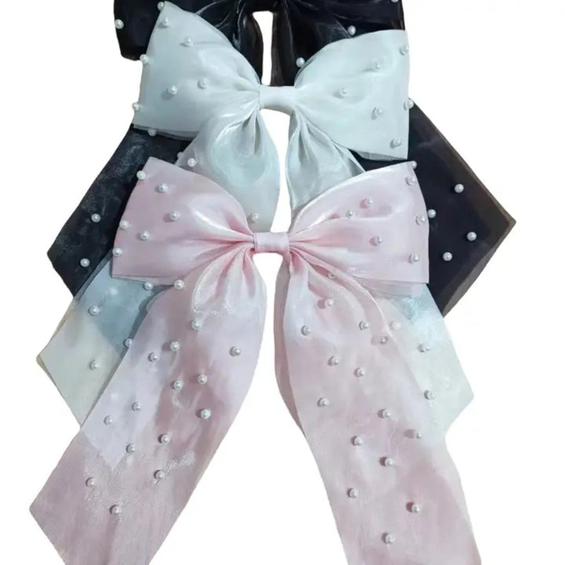 Chiffon Pearl Long Tail Hair Bow
