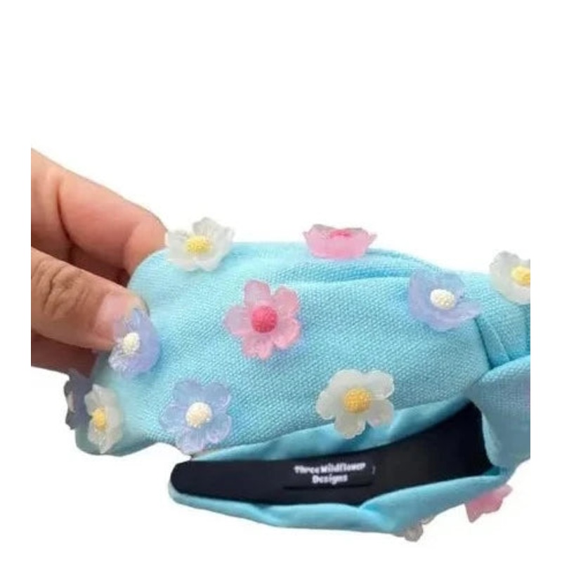 Light Blue Flower Embellished Top-Knot Headband