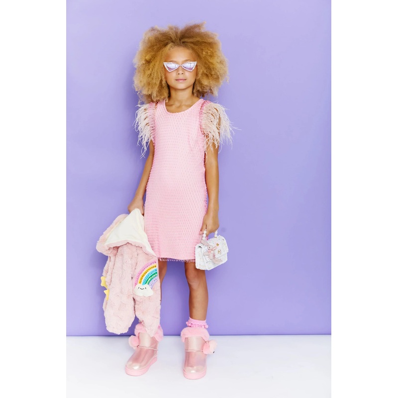 LATB Pink Crystal Feather Trims Sequin Dress