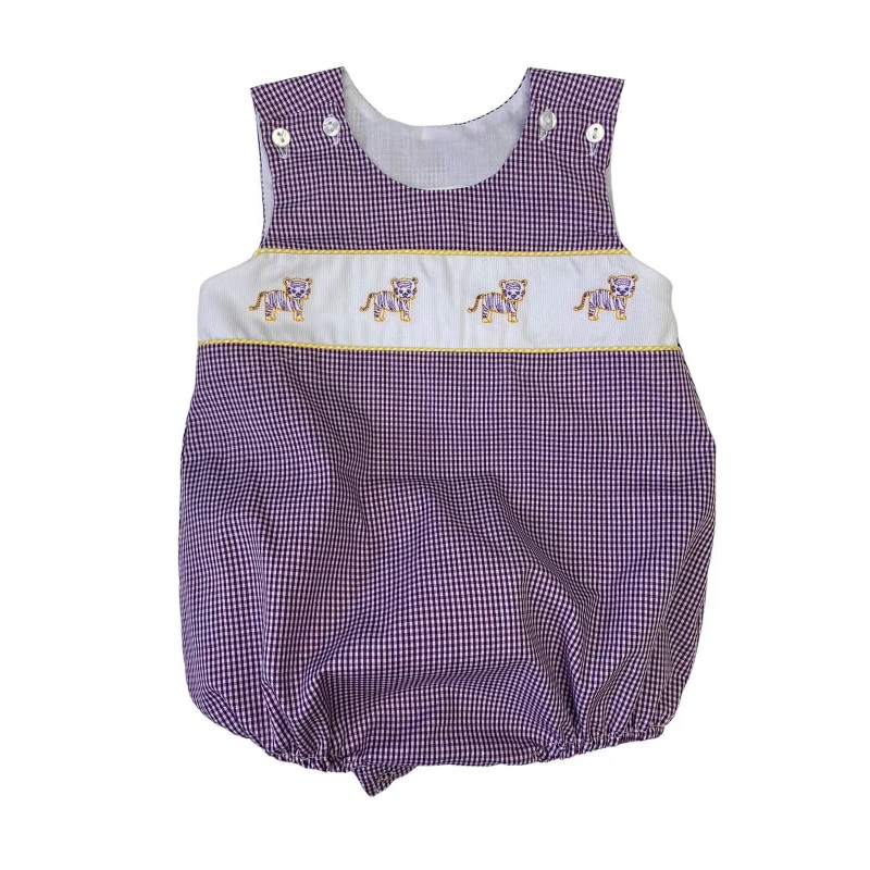 Boys Purple Gingham CAM Embroidered Tiger Bubble