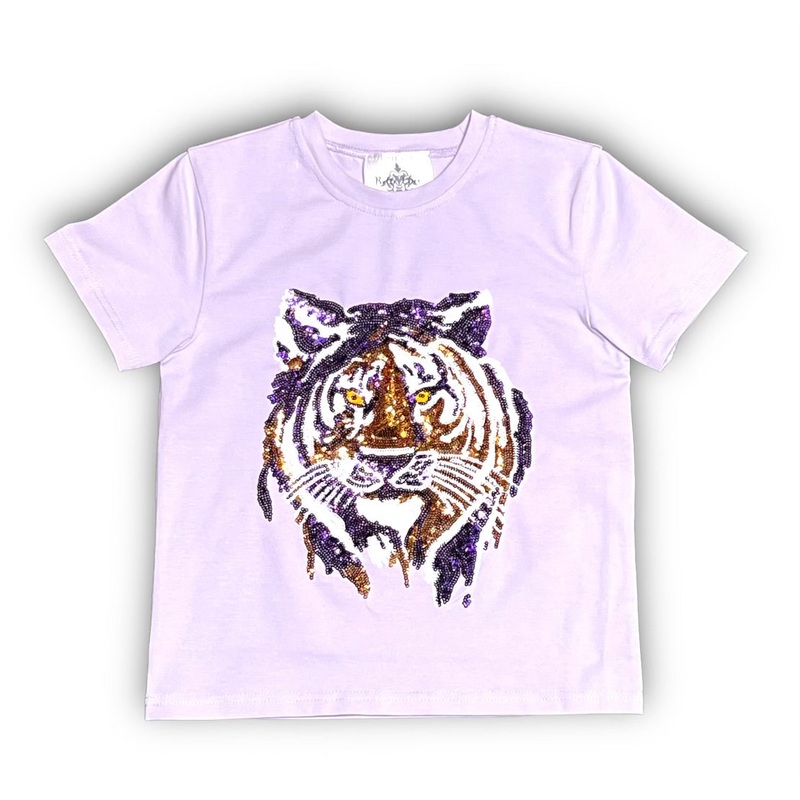 Child Sequin Tiger Face S/S Gameday Tee - Lavender