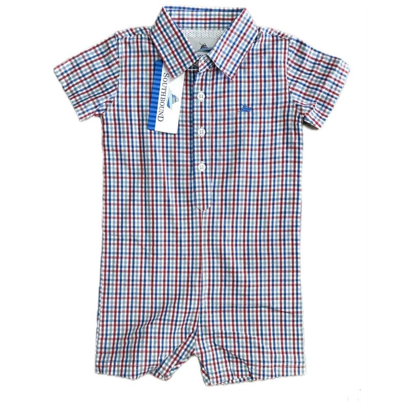Southbound Blue/Red Dress Shirt Romper