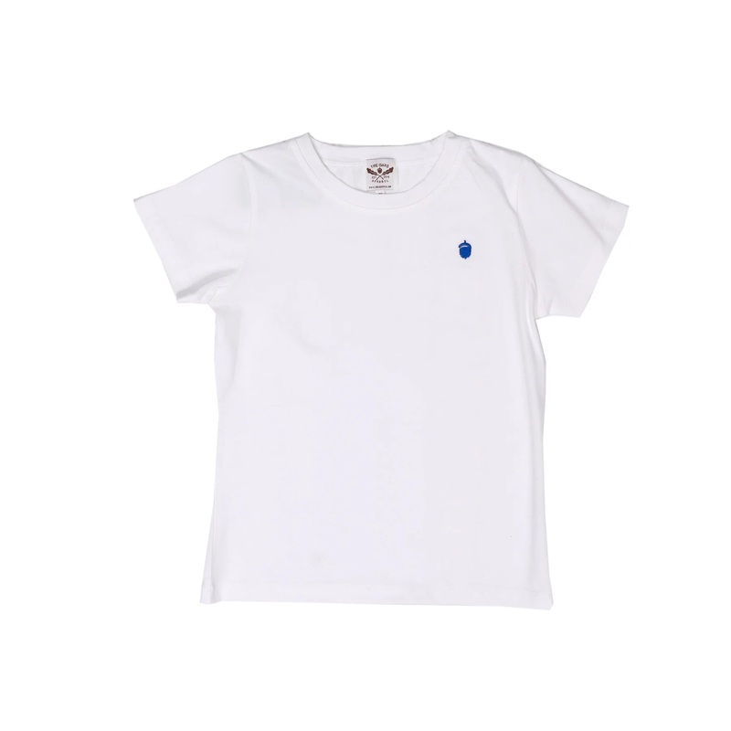 The Oaks Solid White S/S Signature Tee with Royal Blue Acorn