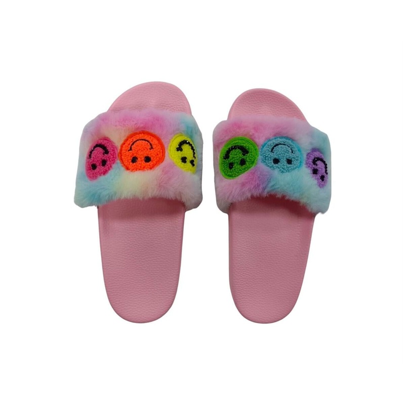 Bari Lynn Pink Furry Smiley Face Slippers