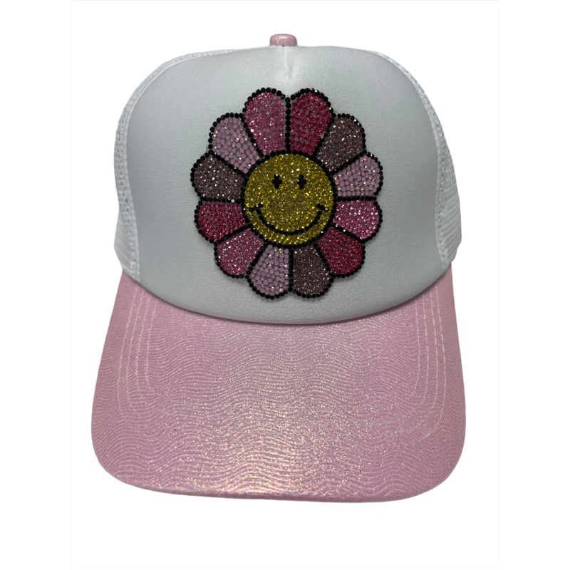 White Trucker Hat with Crystal Daisy Flower Patch