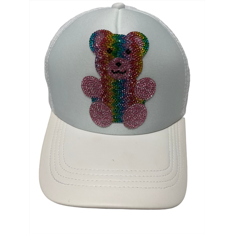 White Trucker Hat with Crystal Gummy Bear Patch