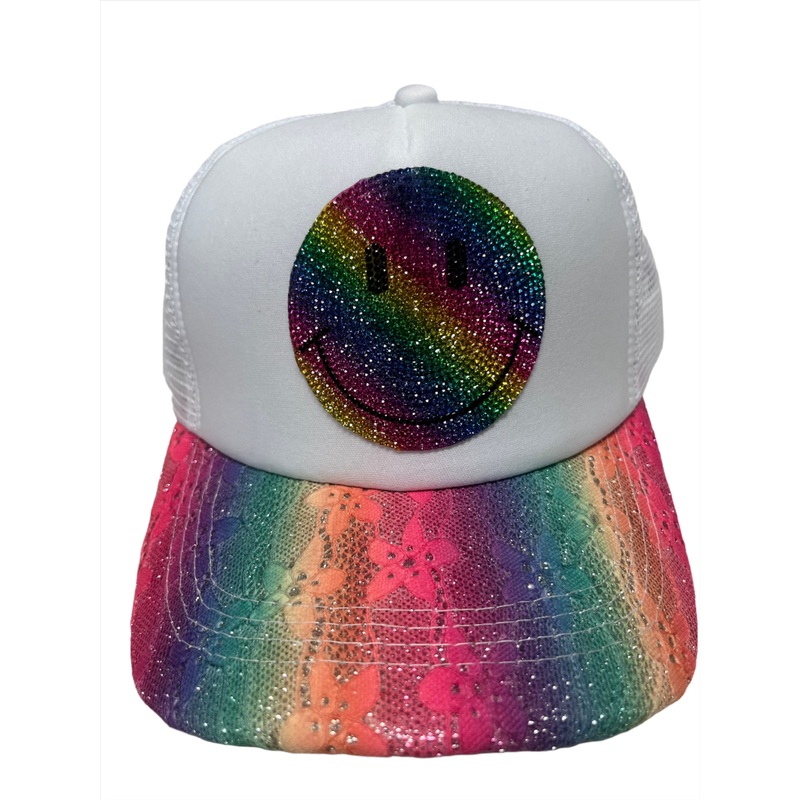 White Trucker Hat with Multi Lace Bill & Crystal Smiley Face Patch