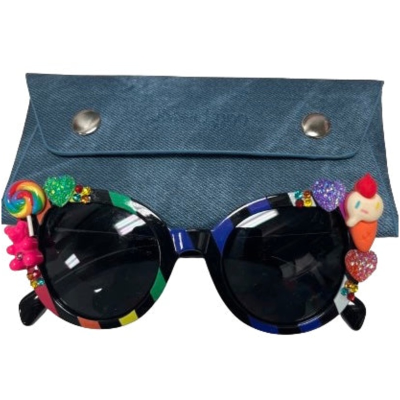 Bari Lynn Black Rainbow Striped Sunglasses with Charms