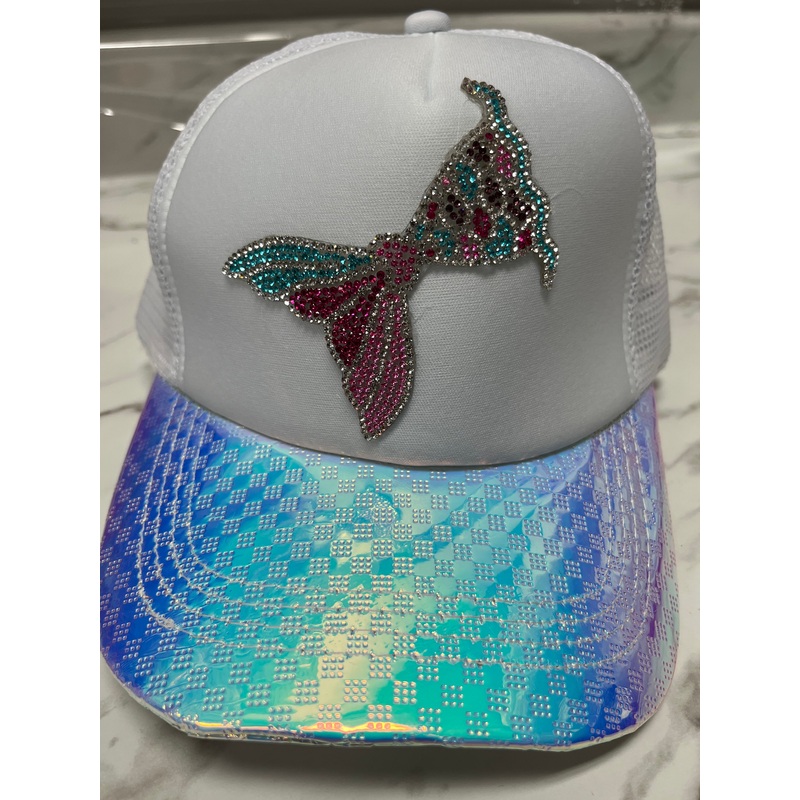 White Trucker Hat with Crystal Mermaid Tail Patch