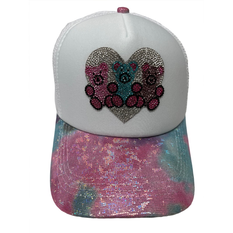 White Trucker Hat with Crystal Triple Gummy Bear Heart Patch
