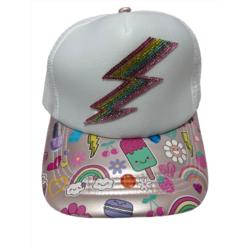 White Trucker Hat with Printed Bill and Crystal Lightning Bolt Patch